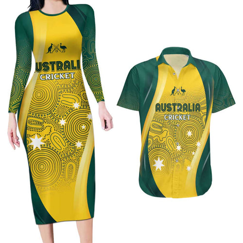 Australia Cricket Custom Indigenous Couples Matching Long Sleeve Bodycon Dress and Hawaiian Shirt Aboriginal Arts GO Aussie