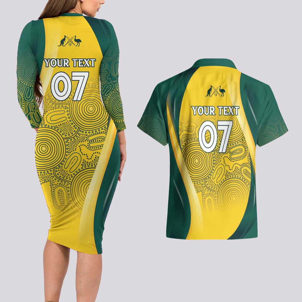 Australia Cricket Custom Indigenous Couples Matching Long Sleeve Bodycon Dress and Hawaiian Shirt Aboriginal Arts GO Aussie