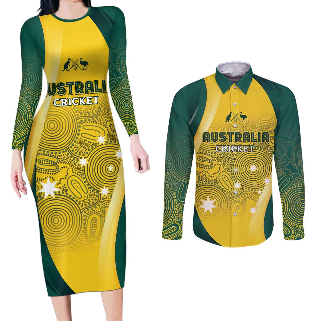 Australia Cricket Custom Indigenous Couples Matching Long Sleeve Bodycon Dress and Long Sleeve Button Shirt Aboriginal Arts GO Aussie