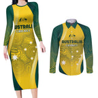 Australia Cricket Custom Indigenous Couples Matching Long Sleeve Bodycon Dress and Long Sleeve Button Shirt Aboriginal Arts GO Aussie