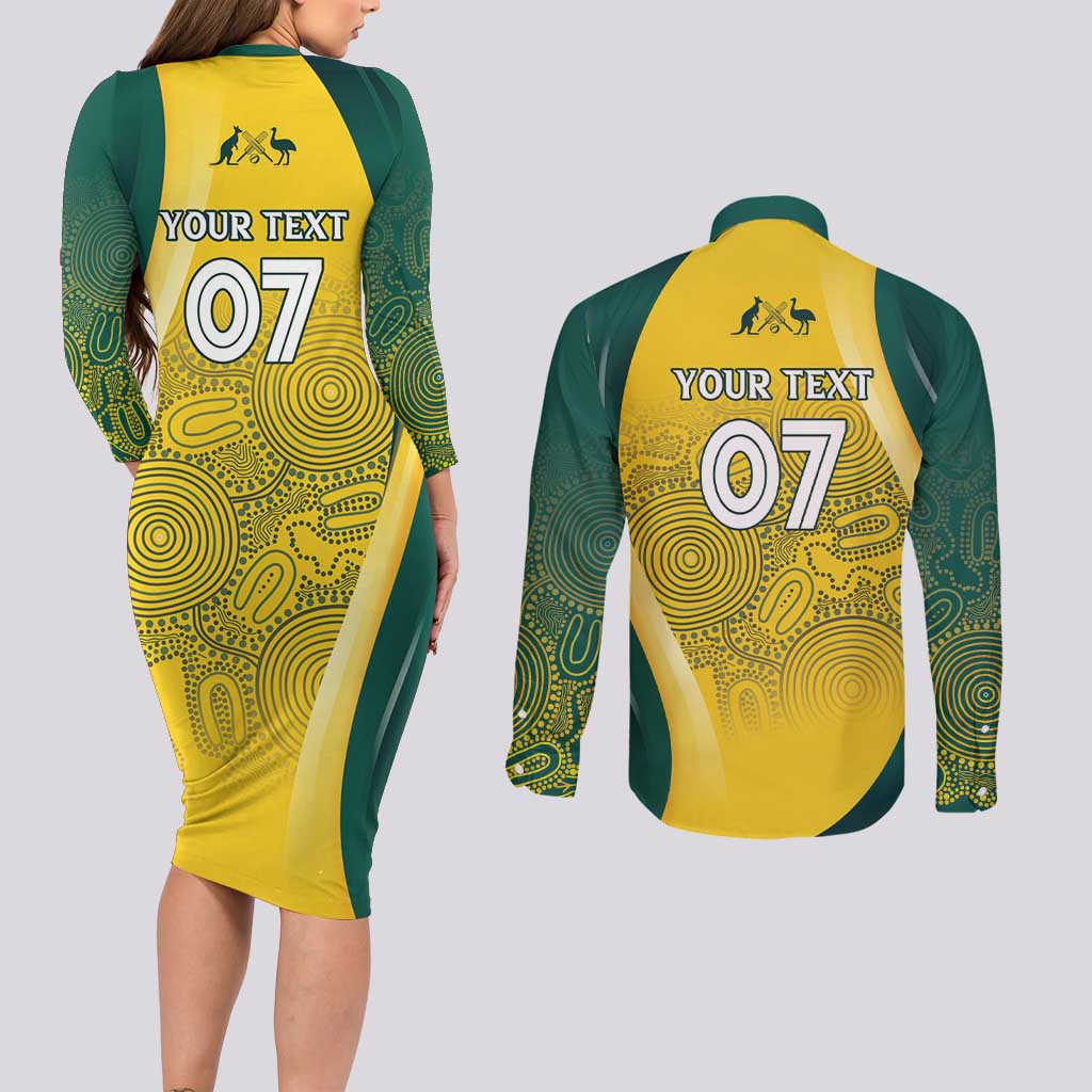 Australia Cricket Custom Indigenous Couples Matching Long Sleeve Bodycon Dress and Long Sleeve Button Shirt Aboriginal Arts GO Aussie