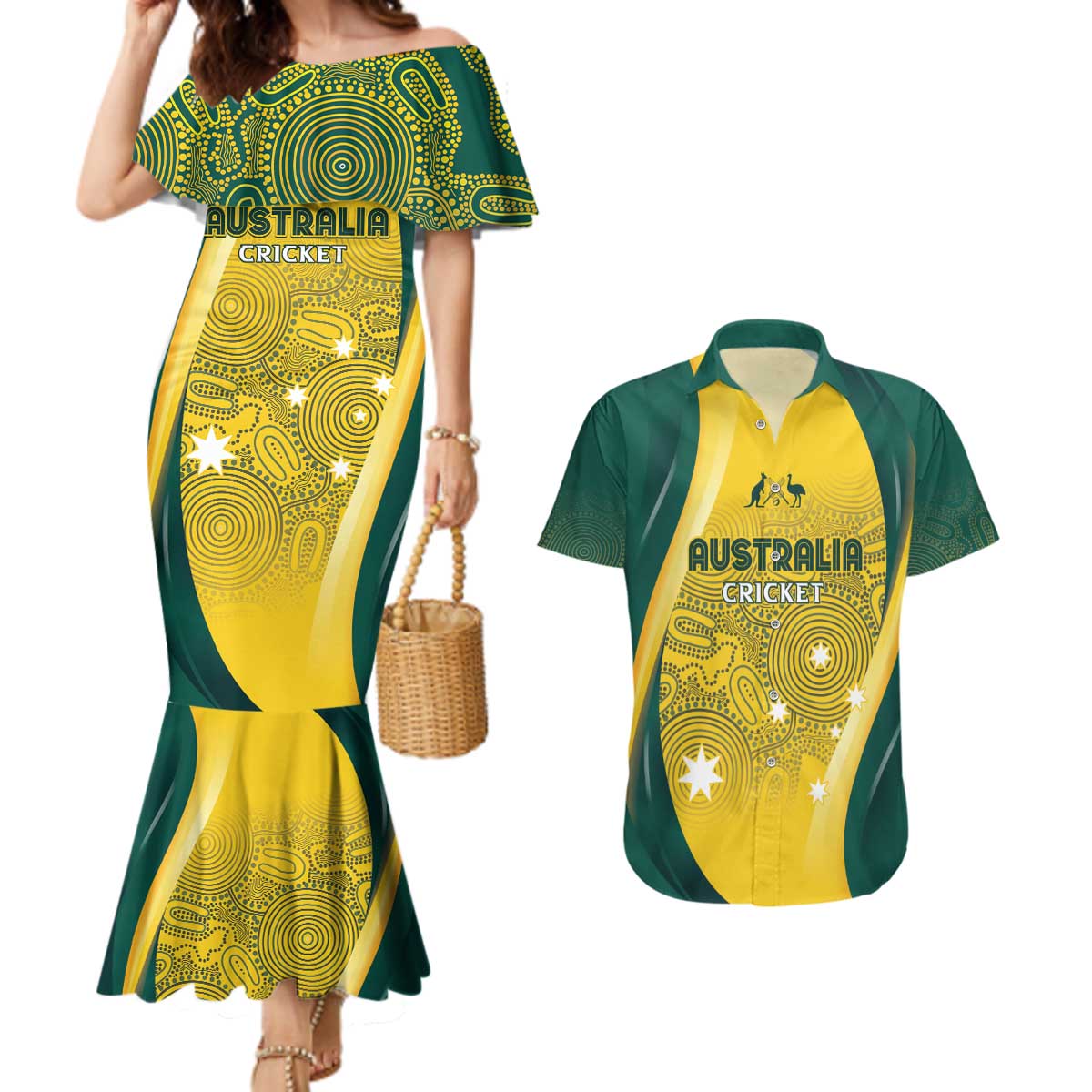 Australia Cricket Custom Indigenous Couples Matching Mermaid Dress and Hawaiian Shirt Aboriginal Arts GO Aussie