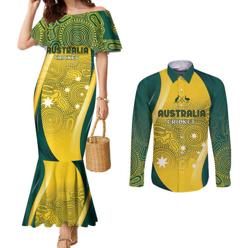 Australia Cricket Custom Indigenous Couples Matching Mermaid Dress and Long Sleeve Button Shirt Aboriginal Arts GO Aussie