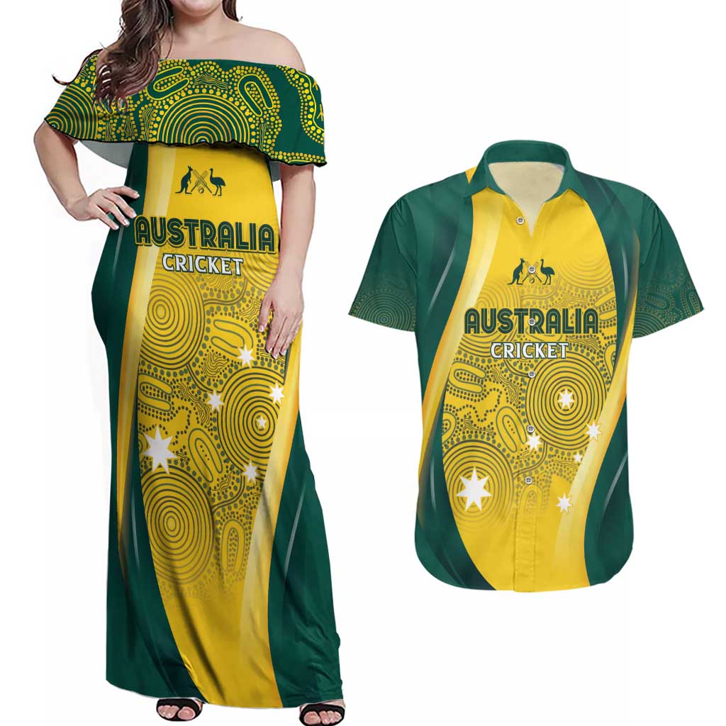 Australia Cricket Custom Indigenous Couples Matching Off Shoulder Maxi Dress and Hawaiian Shirt Aboriginal Arts GO Aussie