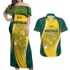 Australia Cricket Custom Indigenous Couples Matching Off Shoulder Maxi Dress and Hawaiian Shirt Aboriginal Arts GO Aussie