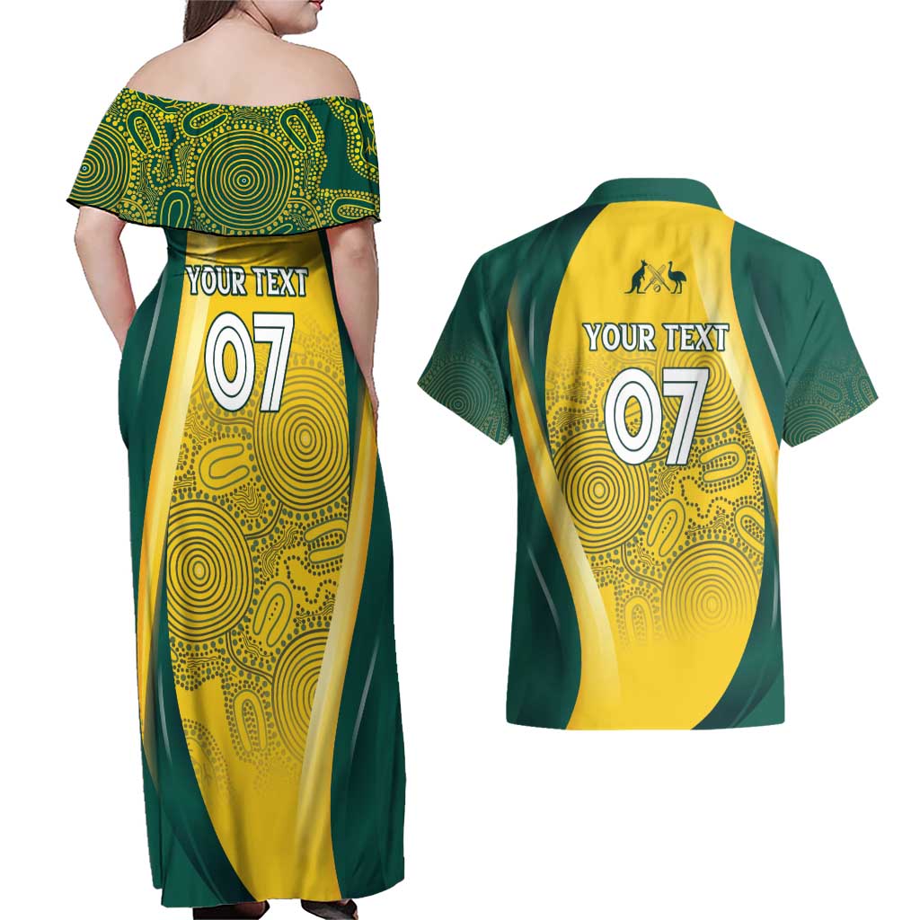 Australia Cricket Custom Indigenous Couples Matching Off Shoulder Maxi Dress and Hawaiian Shirt Aboriginal Arts GO Aussie