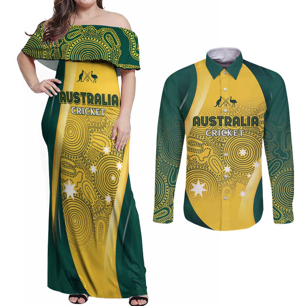 Australia Cricket Custom Indigenous Couples Matching Off Shoulder Maxi Dress and Long Sleeve Button Shirt Aboriginal Arts GO Aussie