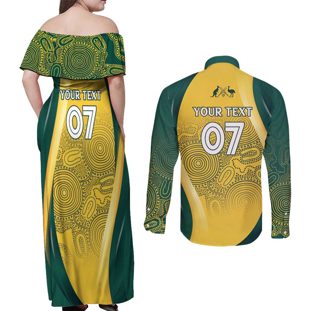 Australia Cricket Custom Indigenous Couples Matching Off Shoulder Maxi Dress and Long Sleeve Button Shirt Aboriginal Arts GO Aussie