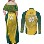 Australia Cricket Custom Indigenous Couples Matching Off Shoulder Maxi Dress and Long Sleeve Button Shirt Aboriginal Arts GO Aussie