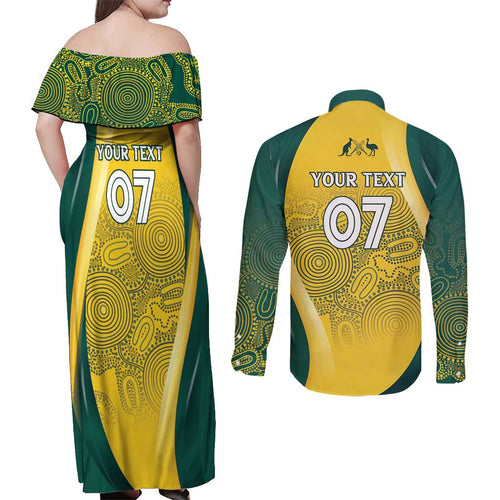 Australia Cricket Custom Indigenous Couples Matching Off Shoulder Maxi Dress and Long Sleeve Button Shirt Aboriginal Arts GO Aussie