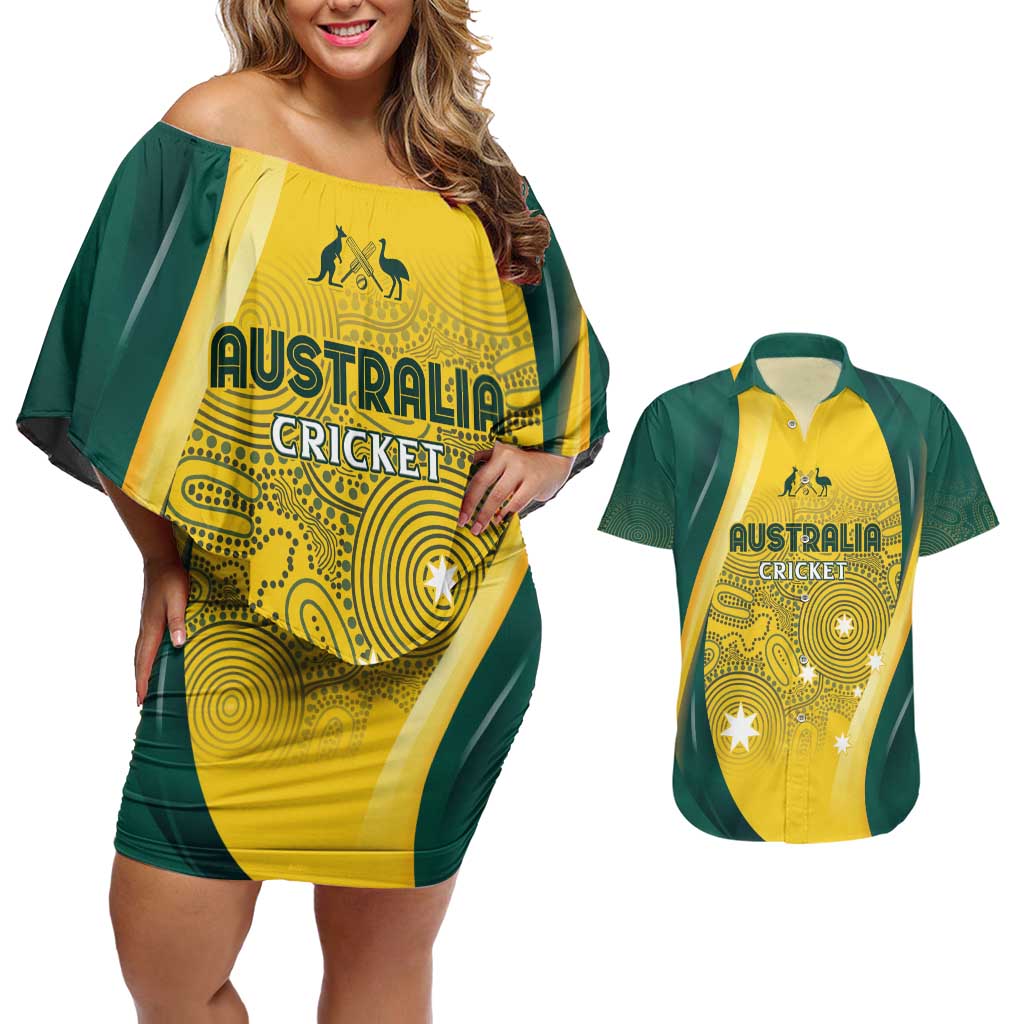 Australia Cricket Custom Indigenous Couples Matching Off Shoulder Short Dress and Hawaiian Shirt Aboriginal Arts GO Aussie