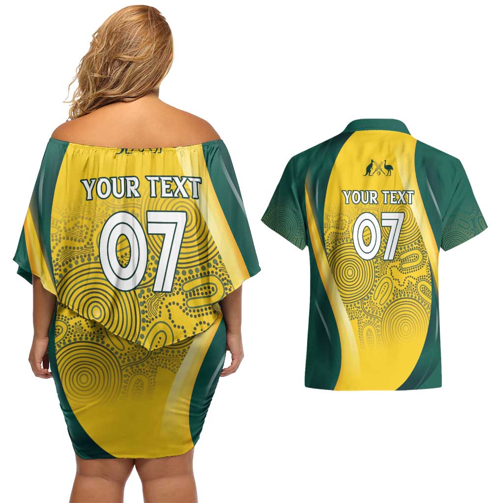 Australia Cricket Custom Indigenous Couples Matching Off Shoulder Short Dress and Hawaiian Shirt Aboriginal Arts GO Aussie