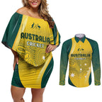Australia Cricket Custom Indigenous Couples Matching Off Shoulder Short Dress and Long Sleeve Button Shirt Aboriginal Arts GO Aussie