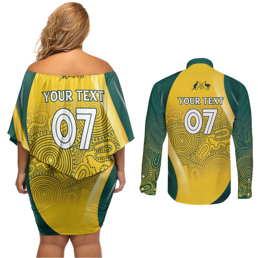 Australia Cricket Custom Indigenous Couples Matching Off Shoulder Short Dress and Long Sleeve Button Shirt Aboriginal Arts GO Aussie