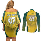 Australia Cricket Custom Indigenous Couples Matching Off Shoulder Short Dress and Long Sleeve Button Shirt Aboriginal Arts GO Aussie