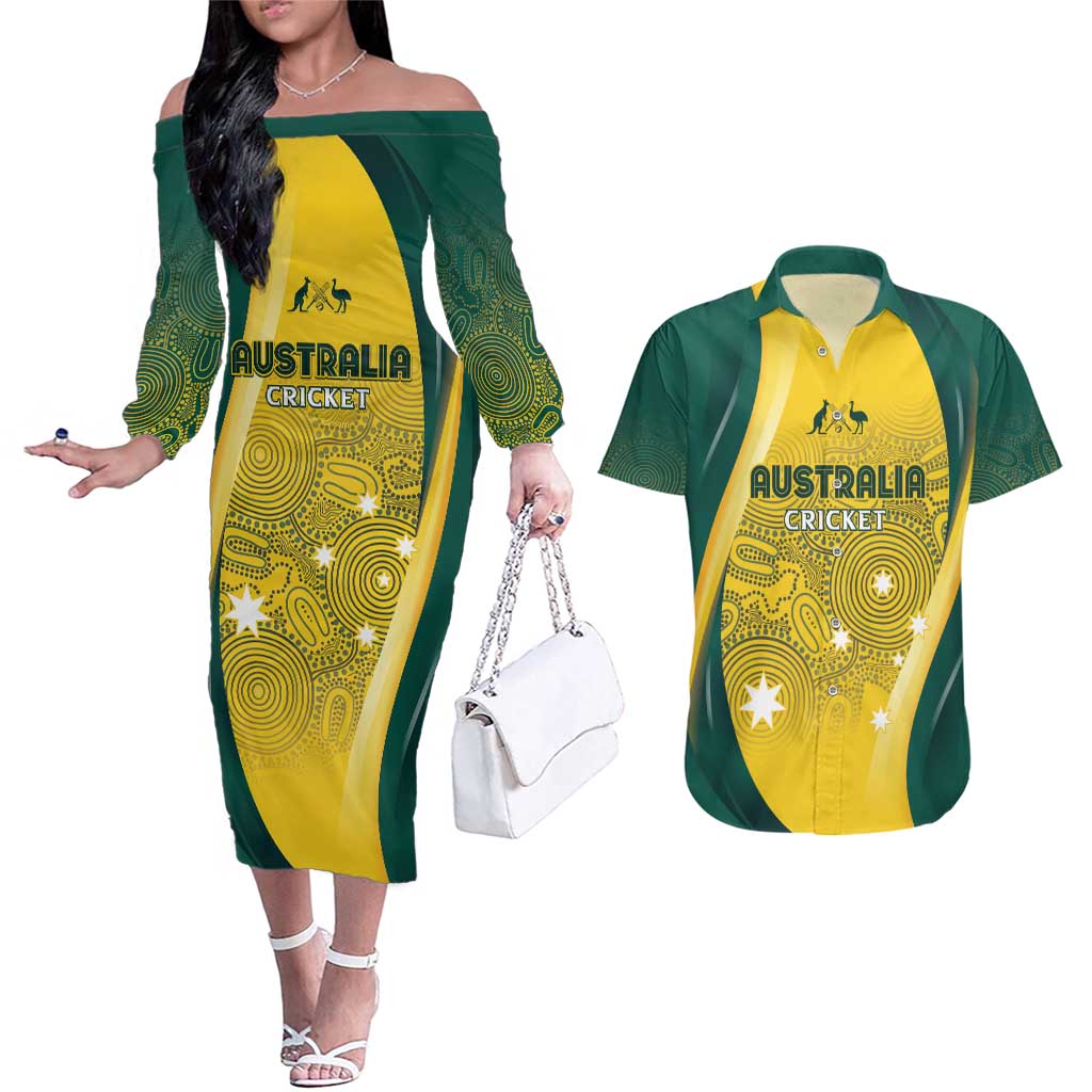 Australia Cricket Custom Indigenous Couples Matching Off The Shoulder Long Sleeve Dress and Hawaiian Shirt Aboriginal Arts GO Aussie
