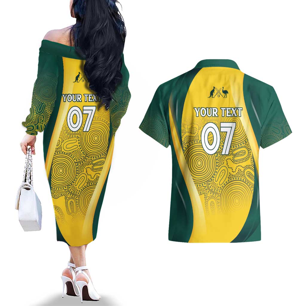 Australia Cricket Custom Indigenous Couples Matching Off The Shoulder Long Sleeve Dress and Hawaiian Shirt Aboriginal Arts GO Aussie