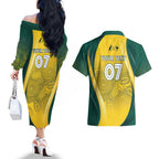 Australia Cricket Custom Indigenous Couples Matching Off The Shoulder Long Sleeve Dress and Hawaiian Shirt Aboriginal Arts GO Aussie