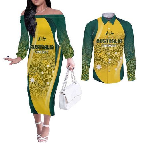 Australia Cricket Custom Indigenous Couples Matching Off The Shoulder Long Sleeve Dress and Long Sleeve Button Shirt Aboriginal Arts GO Aussie
