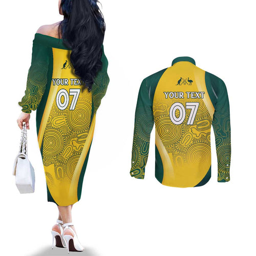 Australia Cricket Custom Indigenous Couples Matching Off The Shoulder Long Sleeve Dress and Long Sleeve Button Shirt Aboriginal Arts GO Aussie