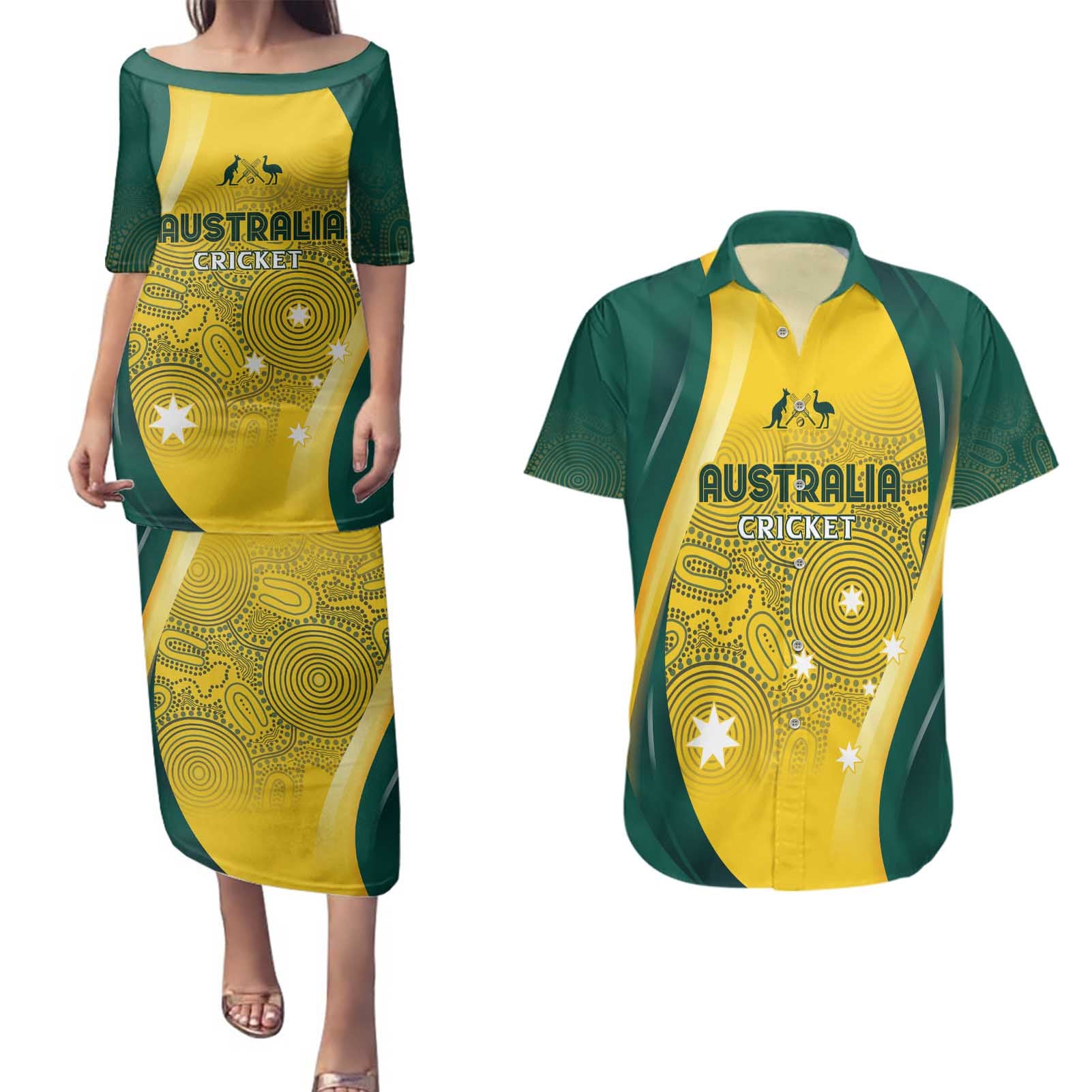 Australia Cricket Custom Indigenous Couples Matching Puletasi and Hawaiian Shirt Aboriginal Arts GO Aussie