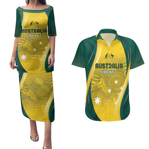 Australia Cricket Custom Indigenous Couples Matching Puletasi and Hawaiian Shirt Aboriginal Arts GO Aussie