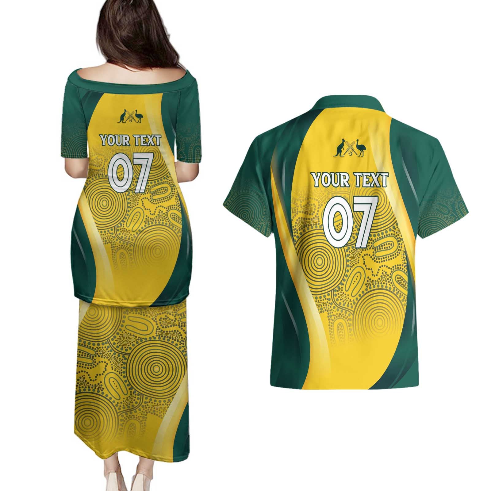 Australia Cricket Custom Indigenous Couples Matching Puletasi and Hawaiian Shirt Aboriginal Arts GO Aussie