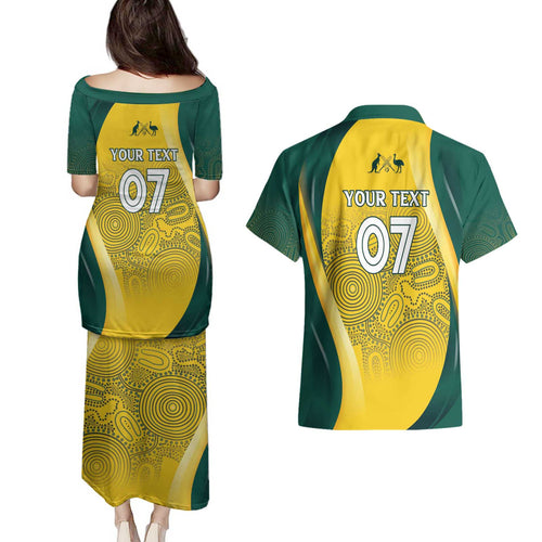 Australia Cricket Custom Indigenous Couples Matching Puletasi and Hawaiian Shirt Aboriginal Arts GO Aussie