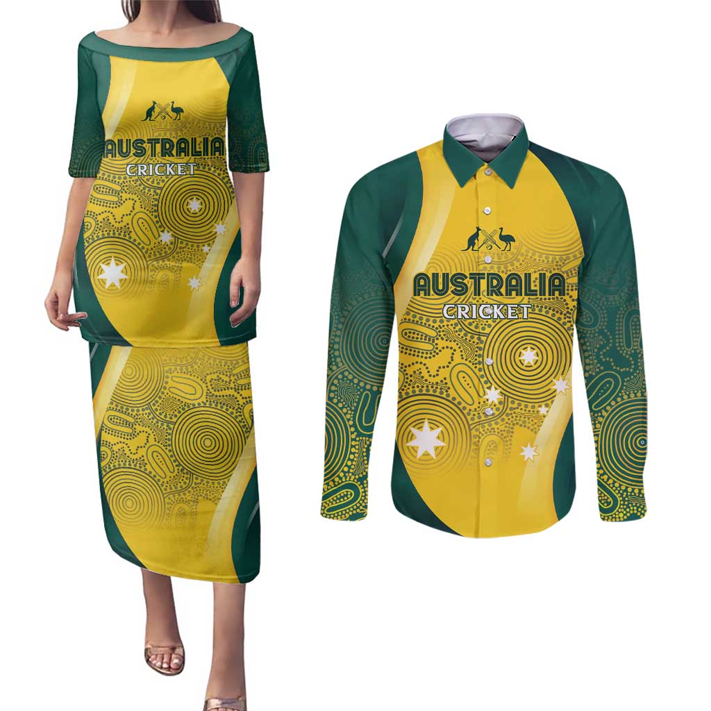 Australia Cricket Custom Indigenous Couples Matching Puletasi and Long Sleeve Button Shirt Aboriginal Arts GO Aussie
