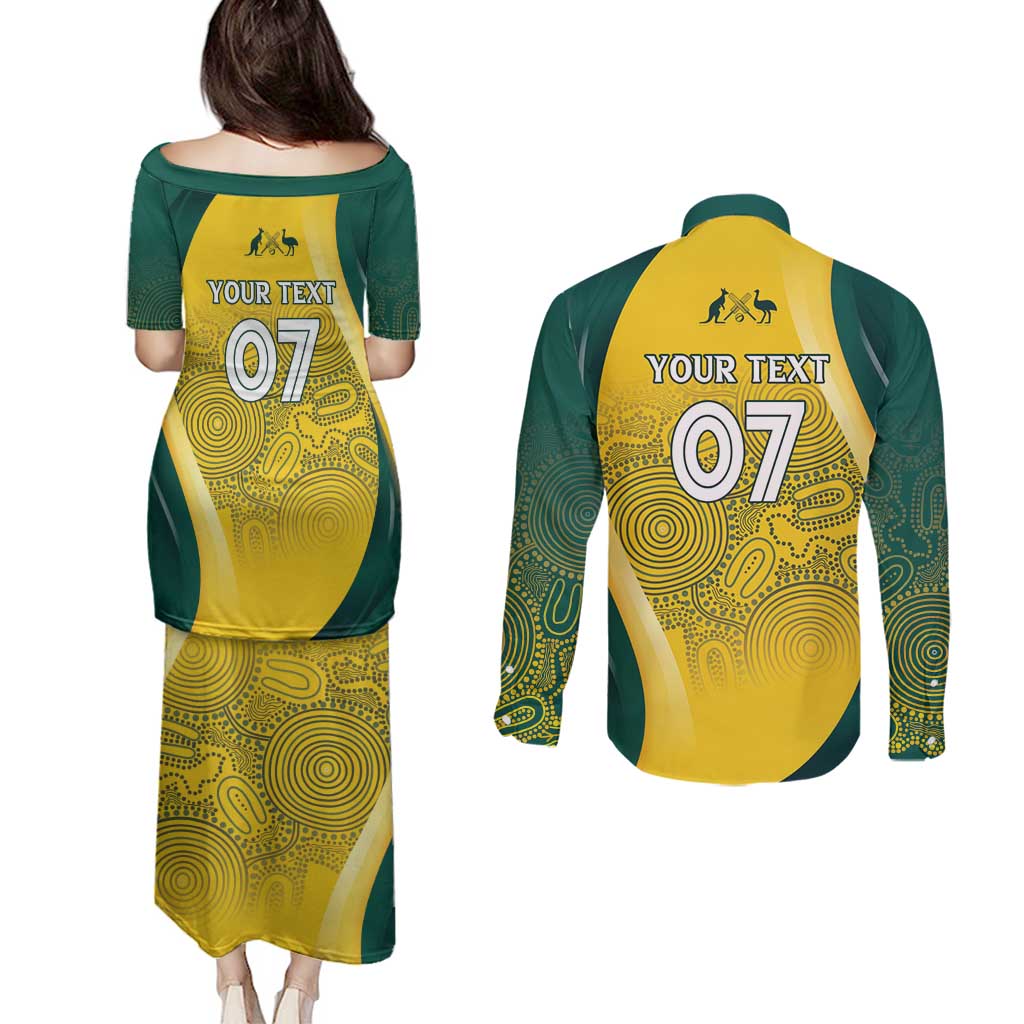 Australia Cricket Custom Indigenous Couples Matching Puletasi and Long Sleeve Button Shirt Aboriginal Arts GO Aussie
