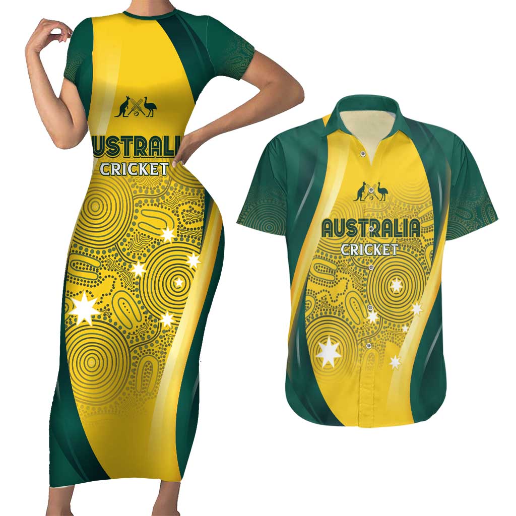 Australia Cricket Custom Indigenous Couples Matching Short Sleeve Bodycon Dress and Hawaiian Shirt Aboriginal Arts GO Aussie