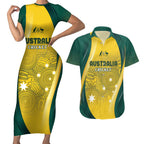 Australia Cricket Custom Indigenous Couples Matching Short Sleeve Bodycon Dress and Hawaiian Shirt Aboriginal Arts GO Aussie