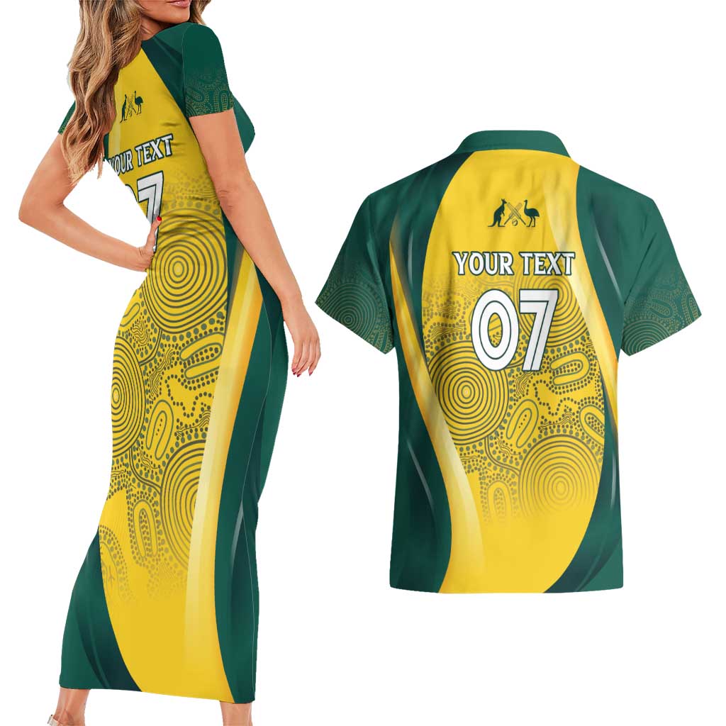 Australia Cricket Custom Indigenous Couples Matching Short Sleeve Bodycon Dress and Hawaiian Shirt Aboriginal Arts GO Aussie