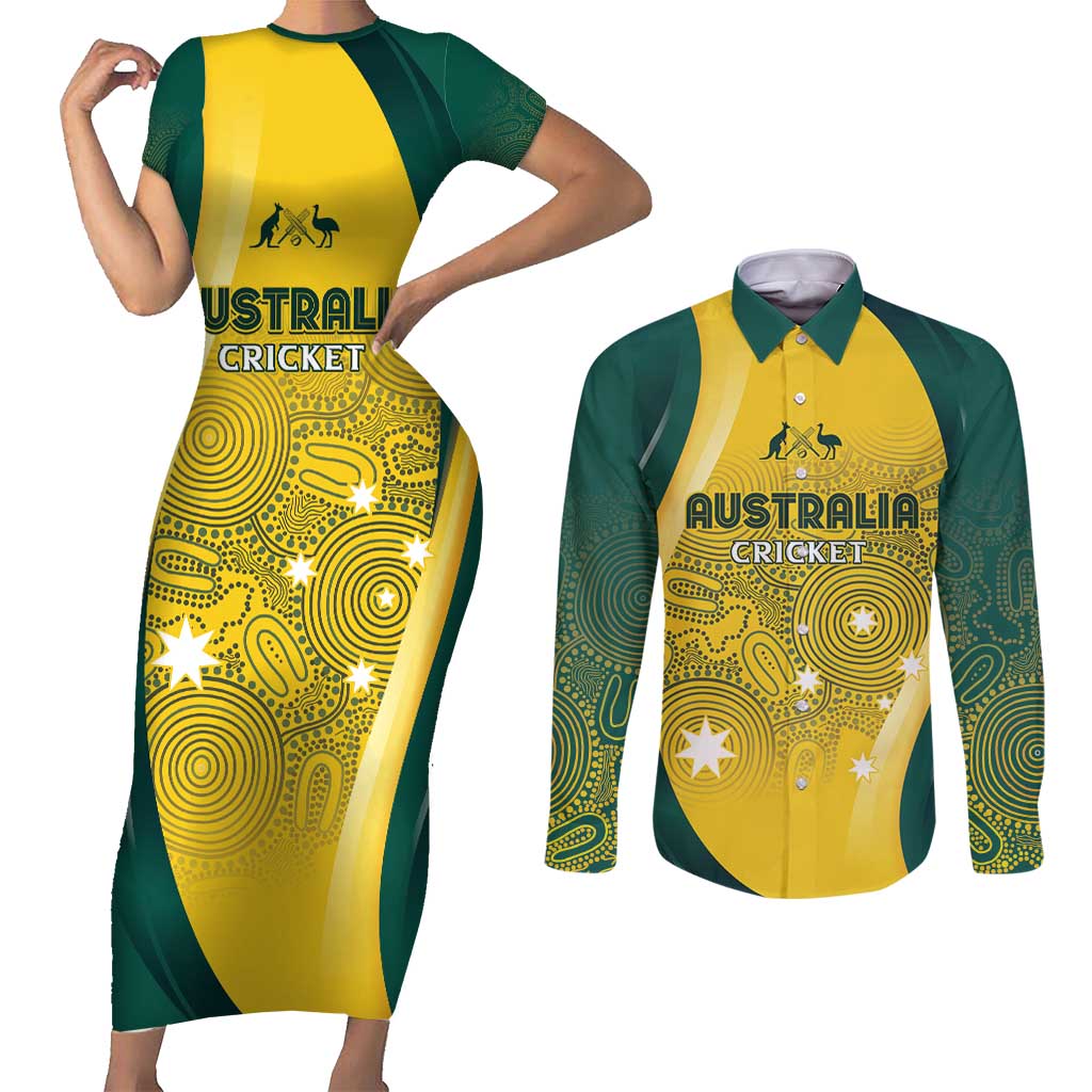 Australia Cricket Custom Indigenous Couples Matching Short Sleeve Bodycon Dress and Long Sleeve Button Shirt Aboriginal Arts GO Aussie