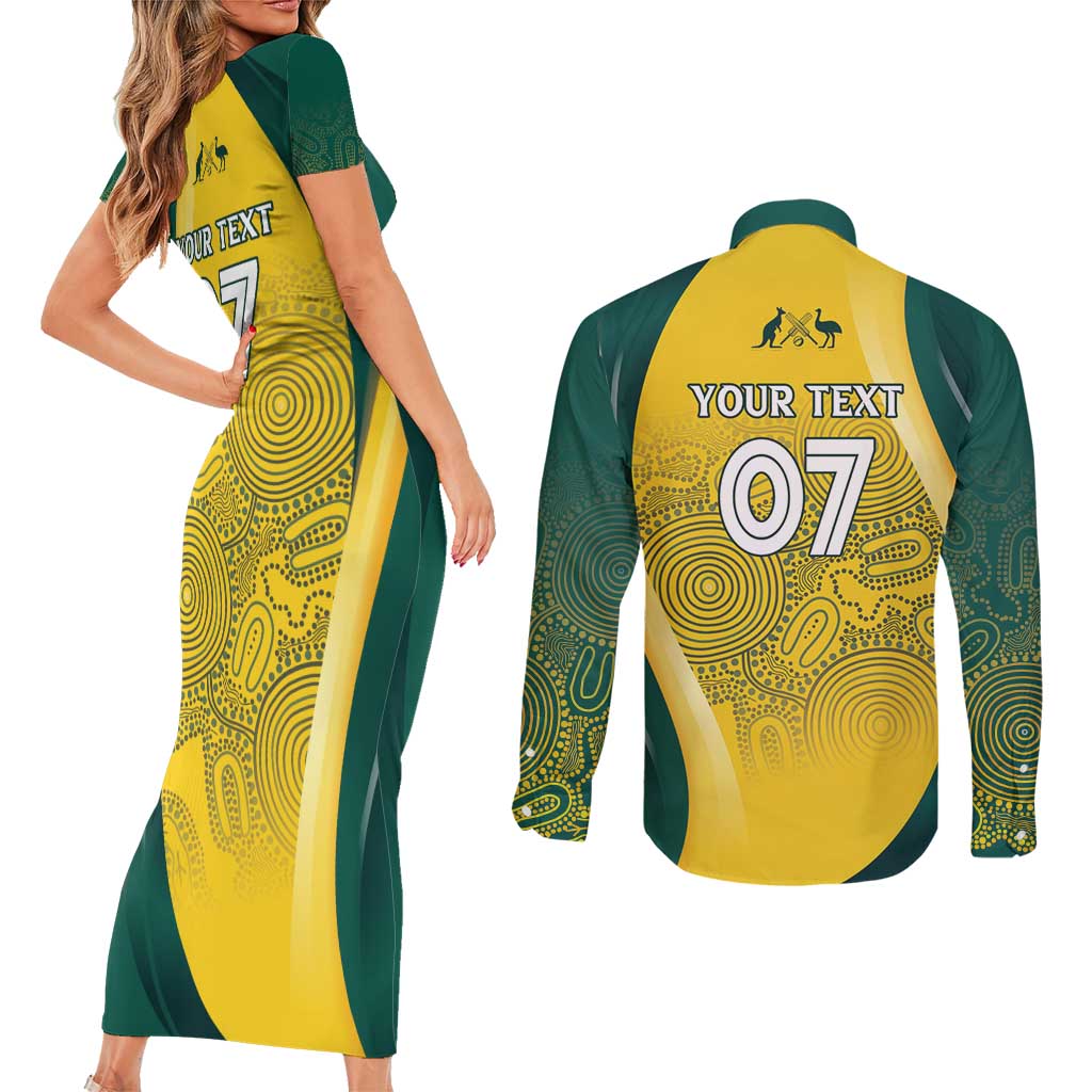 Australia Cricket Custom Indigenous Couples Matching Short Sleeve Bodycon Dress and Long Sleeve Button Shirt Aboriginal Arts GO Aussie