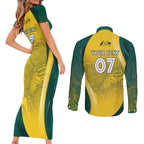 Australia Cricket Custom Indigenous Couples Matching Short Sleeve Bodycon Dress and Long Sleeve Button Shirt Aboriginal Arts GO Aussie