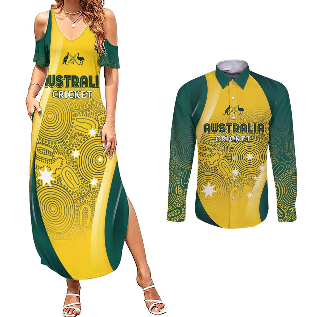 Australia Cricket Custom Indigenous Couples Matching Summer Maxi Dress and Long Sleeve Button Shirt Aboriginal Arts GO Aussie