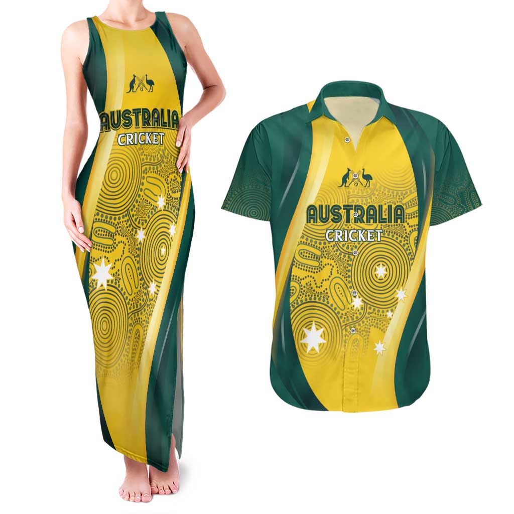 Australia Cricket Custom Indigenous Couples Matching Tank Maxi Dress and Hawaiian Shirt Aboriginal Arts GO Aussie
