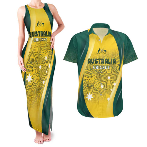Australia Cricket Custom Indigenous Couples Matching Tank Maxi Dress and Hawaiian Shirt Aboriginal Arts GO Aussie