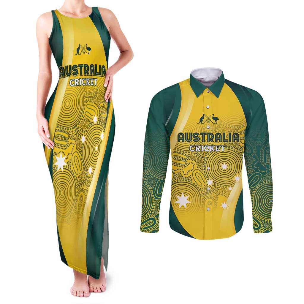 Australia Cricket Custom Indigenous Couples Matching Tank Maxi Dress and Long Sleeve Button Shirt Aboriginal Arts GO Aussie