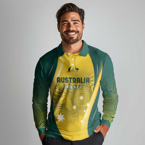 Australia Cricket Custom Indigenous Long Sleeve Polo Shirt Aboriginal Arts GO Aussie