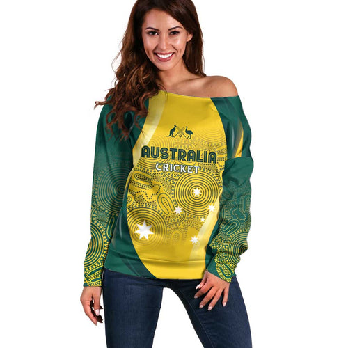 Australia Cricket Custom Indigenous Off Shoulder Sweater Aboriginal Arts GO Aussie