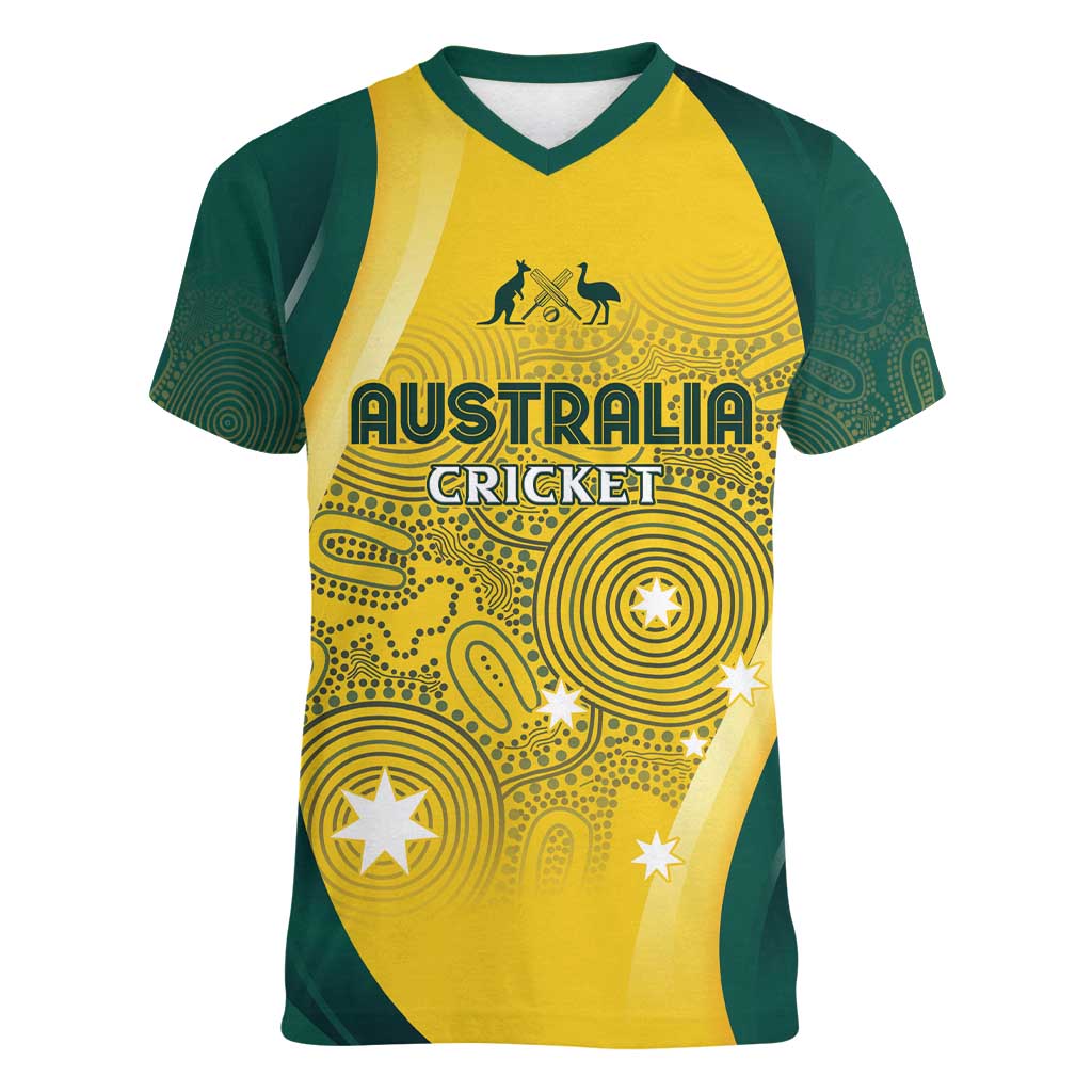 Australia Cricket Custom Indigenous Women V-Neck T-Shirt Aboriginal Arts GO Aussie