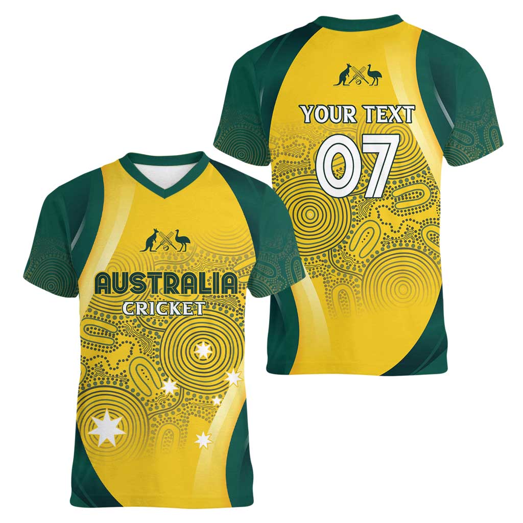 Australia Cricket Custom Indigenous Women V-Neck T-Shirt Aboriginal Arts GO Aussie