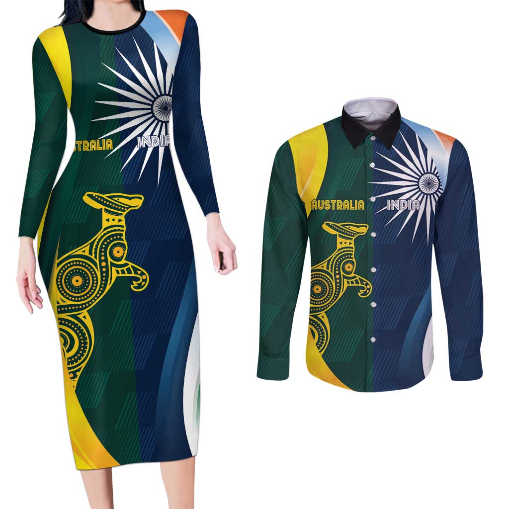 Custom India and Australia Cricket Couples Matching Long Sleeve Bodycon Dress and Long Sleeve Button Shirt Special Half-Half Mix
