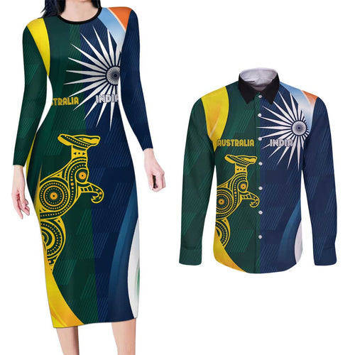 Custom India and Australia Cricket Couples Matching Long Sleeve Bodycon Dress and Long Sleeve Button Shirt Special Half-Half Mix