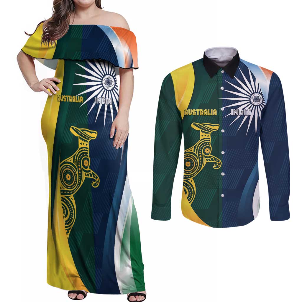 Custom India and Australia Cricket Couples Matching Off Shoulder Maxi Dress and Long Sleeve Button Shirt Special Half-Half Mix