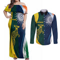 Custom India and Australia Cricket Couples Matching Off Shoulder Maxi Dress and Long Sleeve Button Shirt Special Half-Half Mix