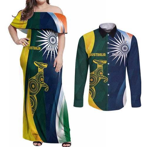 Custom India and Australia Cricket Couples Matching Off Shoulder Maxi Dress and Long Sleeve Button Shirt Special Half-Half Mix