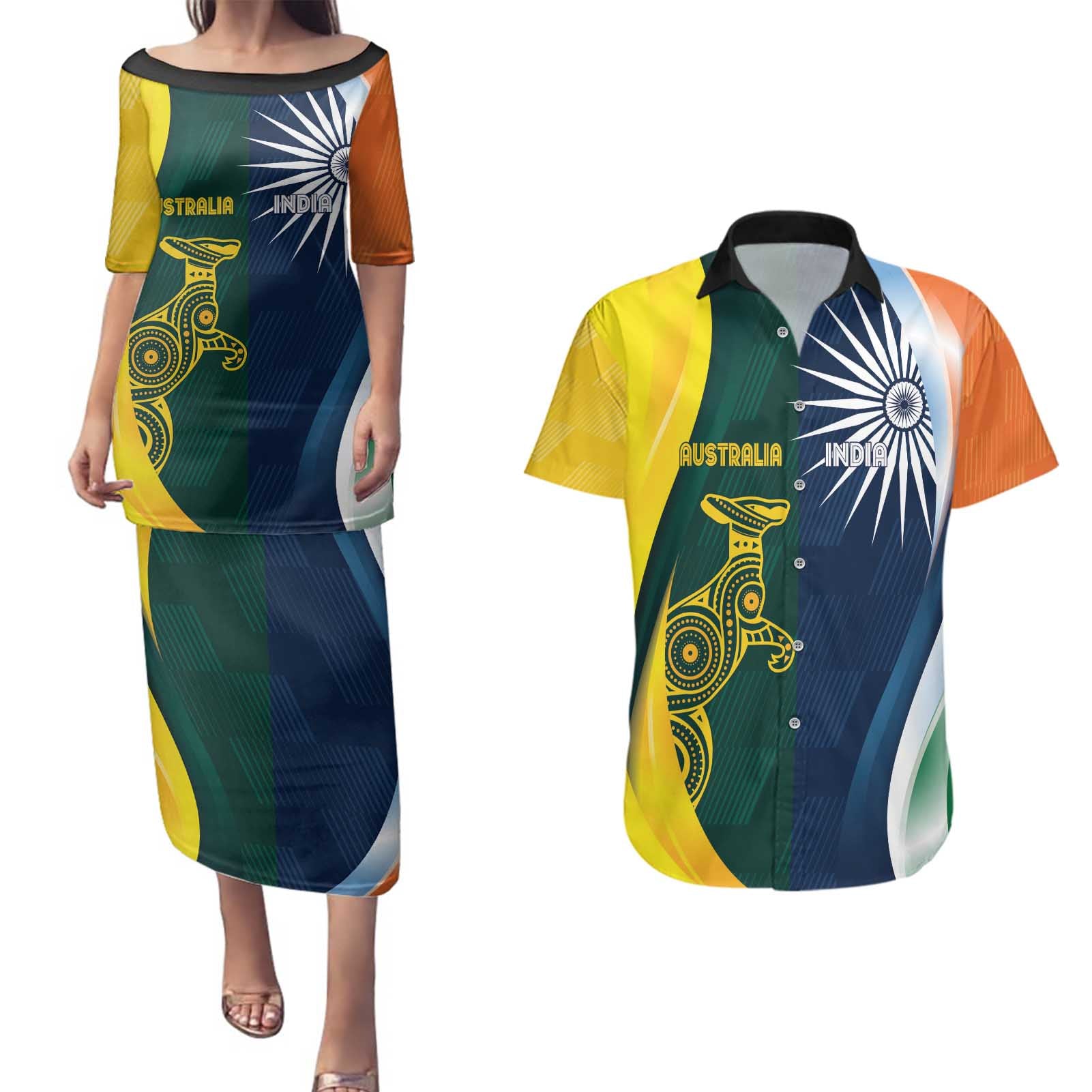 Custom India and Australia Cricket Couples Matching Puletasi and Hawaiian Shirt Special Half-Half Mix